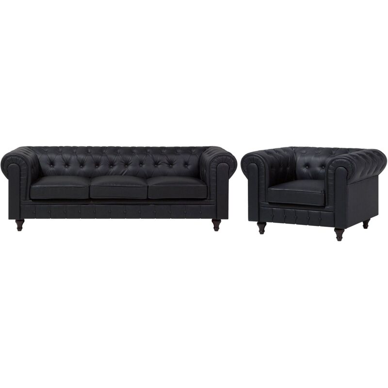 Beliani - Ensemble Canapé et Fauteuil en Cuir pu Noir Dossier à Points Diamant Chesterfield