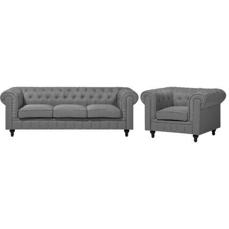 Set Canapé Fauteuil En Tissu Gris Chesterfield Big 122313