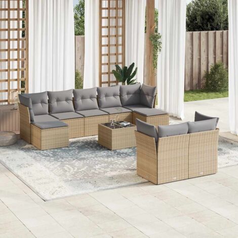 Set Canapé Modulaire Jardin 7 Places + Table en Polyrotin Beige 10 Coussins Gris avec Stockage