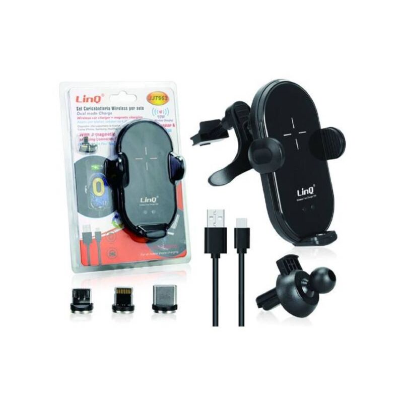 Image of Trade Shop - Set Caricabatteria Wireless Per Auto 15w Smartphone 3 Connettori Magnetici Jjt963