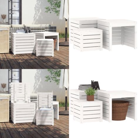 Set Cassette da Giardino 3 pz Bianco in Legno Massello di Pino - Cassetta da esterno - Tavolo da giardino