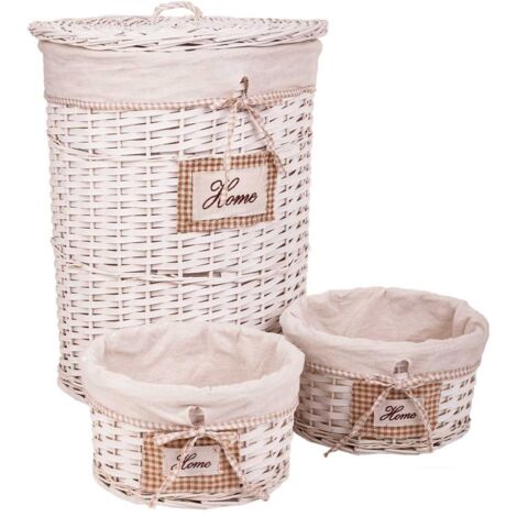 Set cesto de ropa y dos cestos de mimbre forrados blancos