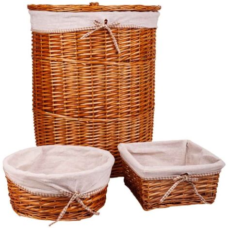 Set cesto de ropa y dos cestos de mimbre forrados marrones