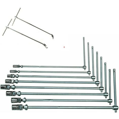 SET CHIAVI A T DOPPIO SNODO 10pz LUNGHE 9-19mm + 1/2&quot-3/8&quot SNODATE 45cm c