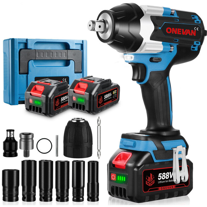 Clé à Chocs sans fil Brushless 1800 Nm,3 vitesses,1/2 ' Boulonneuse a Choc avec 2x588VF Batterie , Boîte avc 12pcs Accessoires - bleu - Onevan