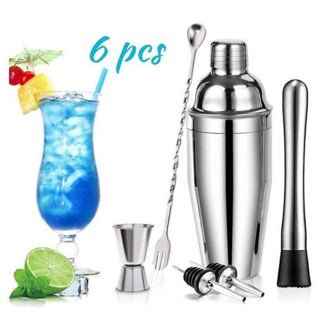 set Cocktail 6 Pices En Inox, 550ml Shaker, Doseur, Passoire, Pilon
