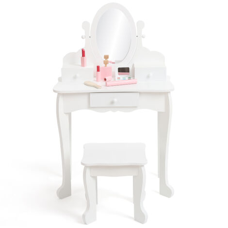 Set Coiffeuse Princesse Enfant en Bois avec Miroir & Tabouret - Table de Maquillage avec Tiroir pour Filles 4-9 Ans - Blanc