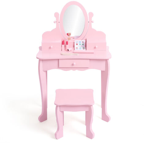 Set Coiffeuse Princesse Enfant en Bois avec Miroir & Tabouret - Table de Maquillage avec Tiroir pour Filles 4-9 Ans - Rose