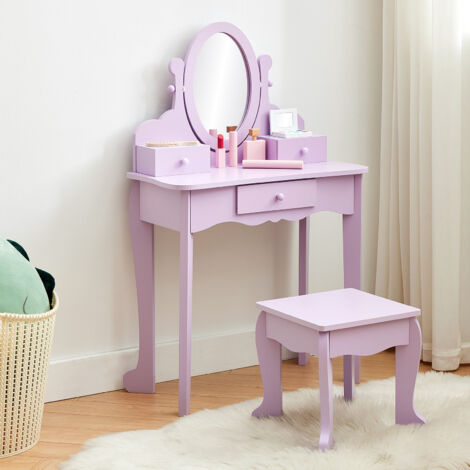 Set Coiffeuse Princesse Enfant en Bois avec Miroir & Tabouret - Table de Maquillage avec Tiroir pour Filles 4-9 Ans - Violet