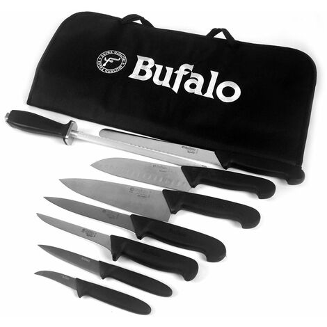 Set Coltelli 8 Pezzi Multiuso con Fodero Bufalo Kit Pro Manico Nero