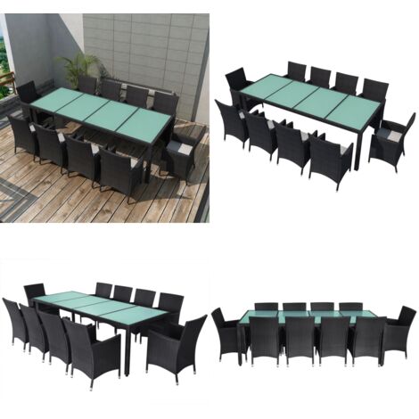 Set comedor de jardín 11 piezas y cojines ratán sintético negro - Comedor de jardín - Sillas de jardín