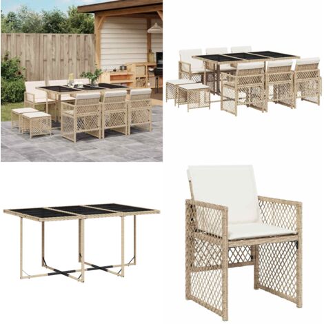 Set comedor de jardín 11 pzas con cojines ratán sintético beige - Sillas de jardín - Mesa de jardín
