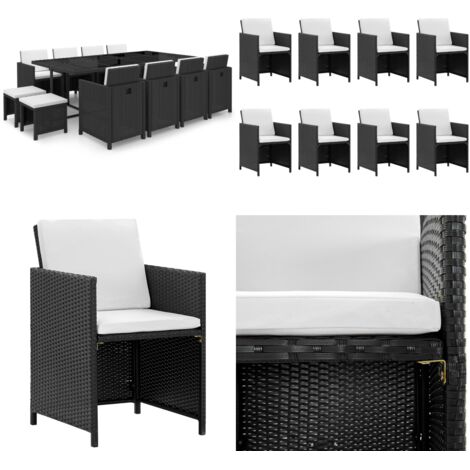 Set comedor de jardín 13 piezas y cojines ratán sintético negro - Set de comedor - Muebles de jardín