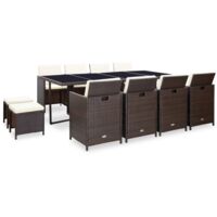 Set comedor de jardín 13 pzas y cojines ratán sintético marrón
