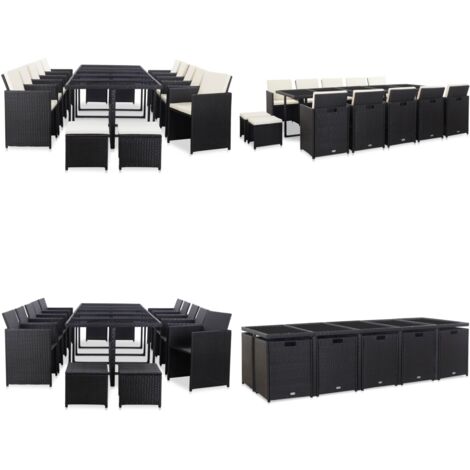 Set comedor de jardín 15 piezas y cojines ratán sintético negro - Sillas de ratán - Cojines extraíbles