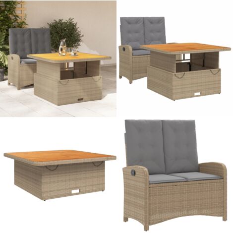Set comedor de jardín 2 pzas con cojines ratán sintético beige - Banco de jardín - Mesa de jardín