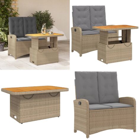 Set comedor de jardín 2 pzas con cojines ratán sintético beige - Banco de jardín - Mesa de jardín