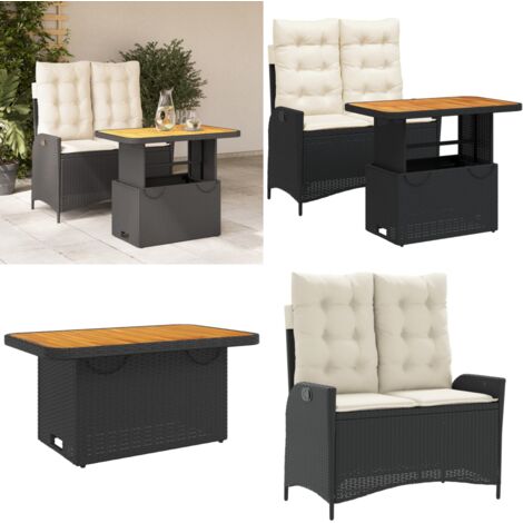 Set comedor de jardín 2 pzas con cojines ratán sintético negro - Banco de jardín - Mesa de jardín