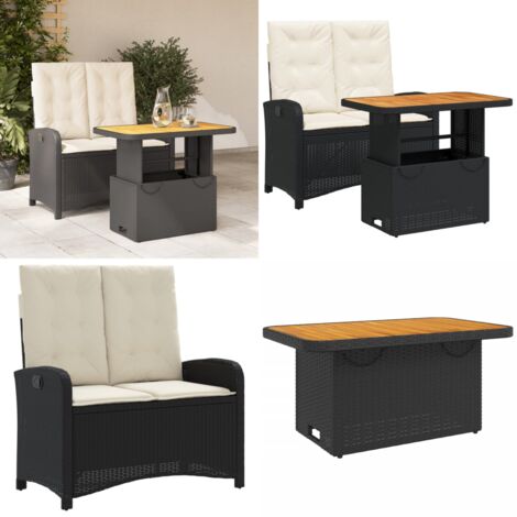 Set comedor de jardín 2 pzas con cojines ratán sintético negro - Banco reclinable - Mesa de jardín elevable