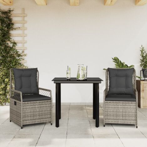 Set comedor de jardín 3 piezas con cojines ratán sintético gris