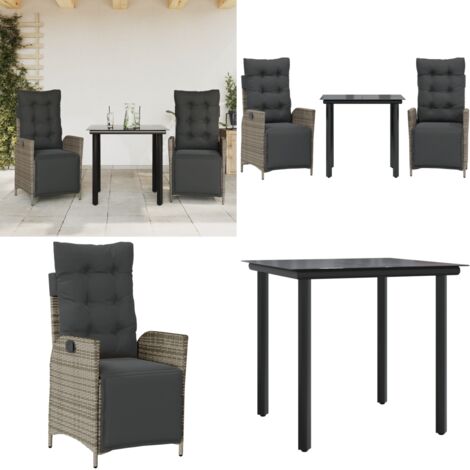 Set comedor de jardín 3 piezas con cojines ratán sintético gris - Asiento de jardín - Cojín de jardín