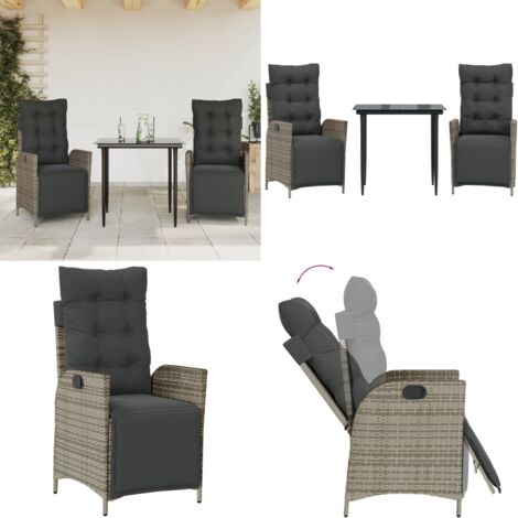 Set comedor de jardín 3 piezas con cojines ratán sintético gris - Asiento de jardín - Cojín de jardín