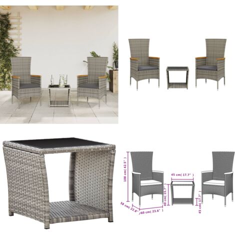 Set comedor de jardín 3 piezas con cojines ratán sintético gris - Muebles de exterior - Sillas de jardín