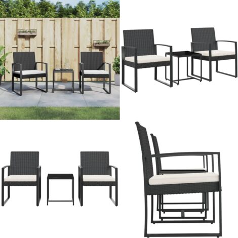 Set comedor de jardín 3 pzas con cojines PP aspecto ratán negro - Sillas de jardín - Mesa de jardín