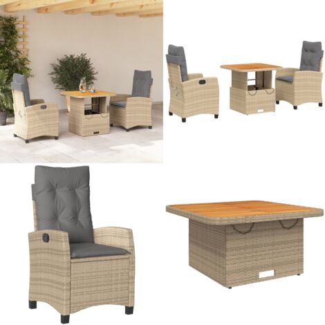 Set comedor de jardín 3 pzas con cojines ratán sintético beige - Sillas de jardín - Mesa de jardín