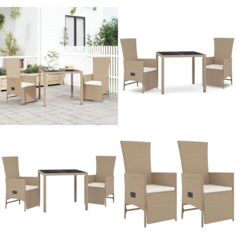 Set comedor de jardín 3 pzas con cojines ratán sintético beige - Sillas reclinables - Ratán sintético