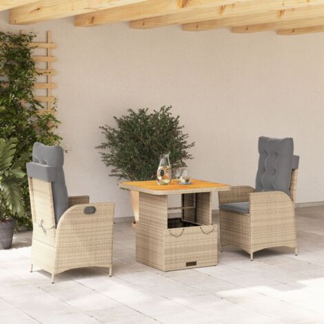 Set comedor de jardín 3 pzas con cojines ratán sintético beige vidaXL