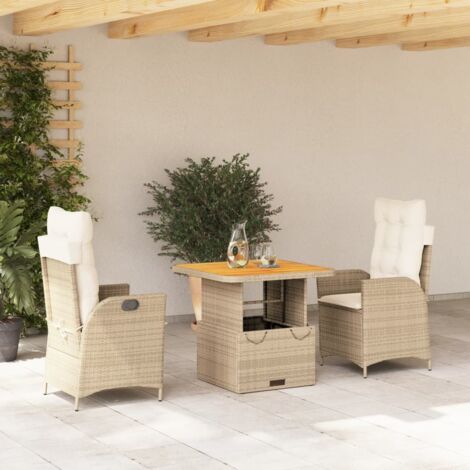 Set comedor de jardín 3 pzas con cojines ratán sintético beige vidaXL