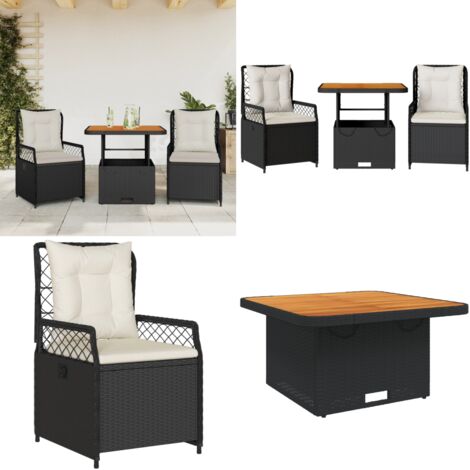 Set comedor de jardín 3 pzas con cojines ratán sintético negro - Jardín - Mesa de jardín