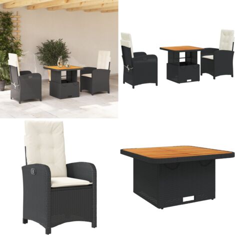 Set comedor de jardín 3 pzas con cojines ratán sintético negro - Sillas de jardín - Mesa de jardín