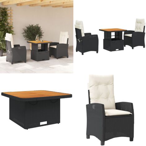 Set comedor de jardín 3 pzas con cojines ratán sintético negro - Sillas de jardín - Mesa de jardín