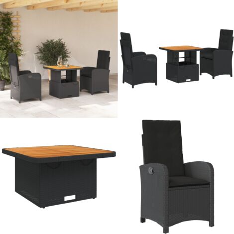 Set comedor de jardín 3 pzas con cojines ratán sintético negro - Sillas de jardín - Mesa de jardín