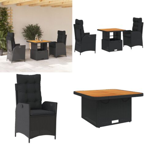 Set comedor de jardín 3 pzas con cojines ratán sintético negro - Sillas de jardín - Mesa de jardín