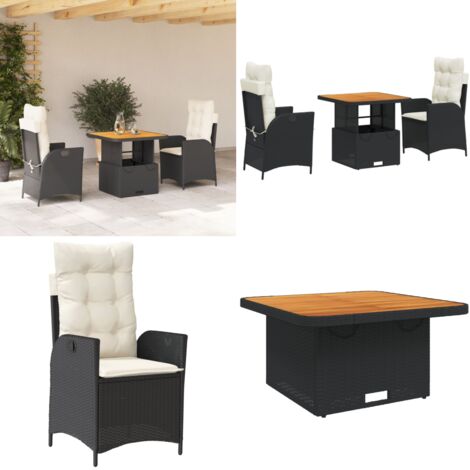 Set comedor de jardín 3 pzas con cojines ratán sintético negro - Sillas de jardín - Mesa de jardín