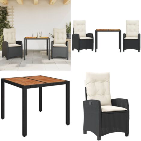 Set comedor de jardín 3 pzas con cojines ratán sintético negro - Sillas de jardín - Mesa de jardín