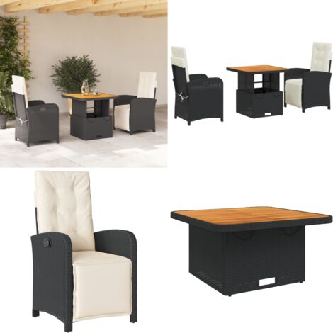 Set comedor de jardín 3 pzas con cojines ratán sintético negro - Sillas de jardín - Mesa de jardín