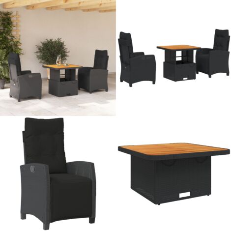 Set comedor de jardín 3 pzas con cojines ratán sintético negro - Sillas de jardín - Mesa de jardín