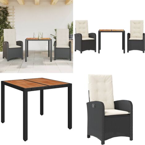 Set comedor de jardín 3 pzas con cojines ratán sintético negro - Sillas de jardín - Mesa de jardín