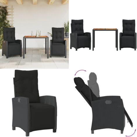 Set comedor de jardín 3 pzas con cojines ratán sintético negro - Sillas de jardín - Mesa de jardín