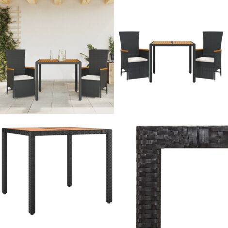 Set comedor de jardín 3 pzas con cojines ratán sintético negro - Sillas de jardín - Mesa de jardín