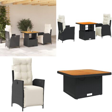 Set comedor de jardín 3 pzas con cojines ratán sintético negro - Sillas de jardín - Mesa de jardín