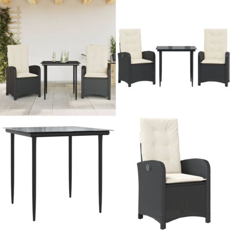 Set comedor de jardín 3 pzas con cojines ratán sintético negro - Sillas de jardín - Mesa de jardín