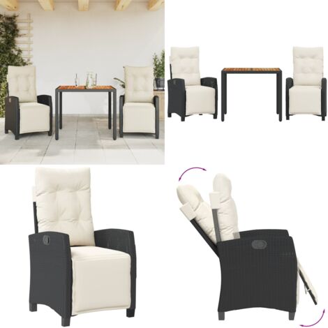 Set comedor de jardín 3 pzas con cojines ratán sintético negro - Sillas de jardín - Mesa de jardín