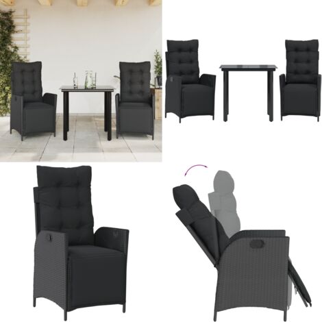 Set comedor de jardín 3 pzas con cojines ratán sintético negro - Sillas de jardín - Mesa de jardín