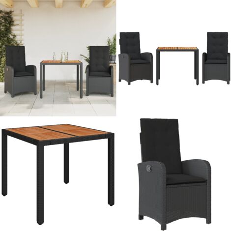 Set comedor de jardín 3 pzas con cojines ratán sintético negro - Sillas de jardín - Mesa de jardín