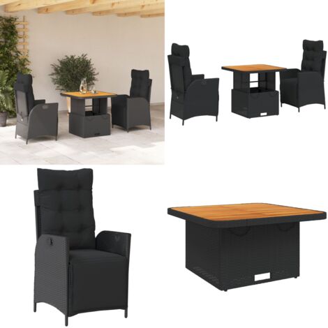 Set comedor de jardín 3 pzas con cojines ratán sintético negro - Sillas de jardín - Mesa de jardín